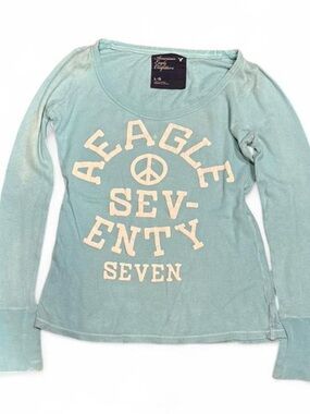 Y2K American Eagle Graphic Baby Blue Thermal Slim Fit Shirt